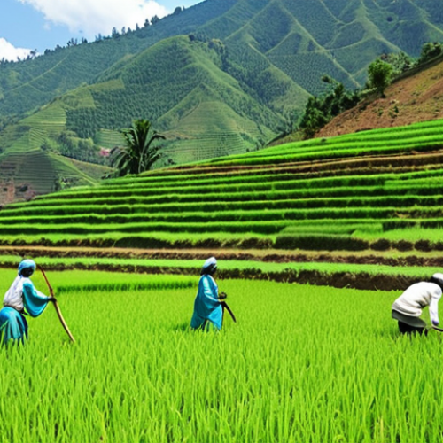 Home 19 ** A vibrant rice paddy in Rwanda, showcasing lush green rice plants. In the background, a group of Rwandan farmers are interacting with Japanese agricultural experts, learning new farming techniques. The scene should evoke a sense of collaboration and progress, with a clear blue sky and the rolling hills of Rwanda in the distance. Keywords: Rwanda, agriculture, Japan, rice farming, collaboration, experts, CARD initiative, sustainable development.
**