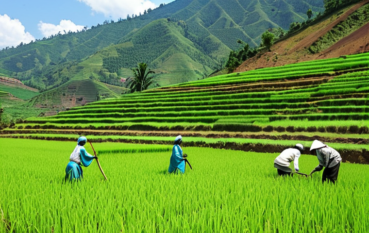 ** A vibrant rice paddy in Rwanda, showcasing lush green rice plants. In the background, a group of Rwandan farmers are interacting with Japanese agricultural experts, learning new farming techniques. The scene should evoke a sense of collaboration and progress, with a clear blue sky and the rolling hills of Rwanda in the distance. Keywords: Rwanda, agriculture, Japan, rice farming, collaboration, experts, CARD initiative, sustainable development.

**