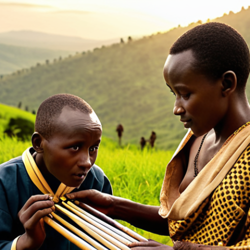 Home 18 **Prompt 1: "A wise Rwandan elder, wearing traditional attire, plays an ancient Inanga (zither) with deep reverence, their eyes reflecting generations of stories. Beside them, a young Rwandan child or teenager, full of curiosity, learns to play or listens intently, symbolizing the passing down of heritage. The scene is set against a backdrop of Rwanda's iconic rolling green hills under a soft, golden light, evoking a sense of timeless tradition, cultural depth, and intergenerational connection through music."**