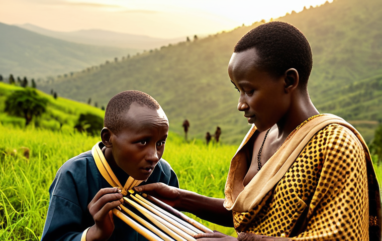 **Prompt 1: "A wise Rwandan elder, wearing traditional attire, plays an ancient Inanga (zither) with deep reverence, their eyes reflecting generations of stories. Beside them, a young Rwandan child or teenager, full of curiosity, learns to play or listens intently, symbolizing the passing down of heritage. The scene is set against a backdrop of Rwanda's iconic rolling green hills under a soft, golden light, evoking a sense of timeless tradition, cultural depth, and intergenerational connection through music."**