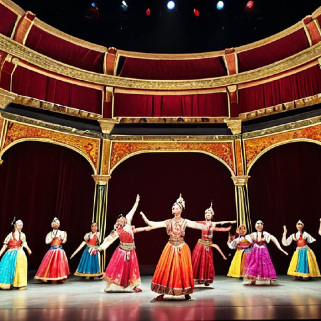 A vibrant and energetic traditional performing arts spectacle unfolding on a grand stage within an ancient, richly adorned theater. Dancers or actors, clad in intricate, colorful costumes that shimmer under dynamic lighting, are captured mid-movement, conveying powerful storytelling and centuries of history. The atmosphere is immersive and electrifying, hinting at the audience's deep emotional connection to the living culture being presented. Emphasize the blend of traditional artistry with a touch of modern stagecraft, creating a breathtaking and unforgettable sensory experience.