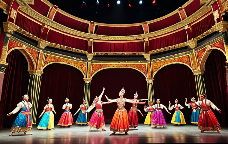 A vibrant and energetic traditional performing arts spectacle unfolding on a grand stage within an ancient, richly adorned theater. Dancers or actors, clad in intricate, colorful costumes that shimmer under dynamic lighting, are captured mid-movement, conveying powerful storytelling and centuries of history. The atmosphere is immersive and electrifying, hinting at the audience's deep emotional connection to the living culture being presented. Emphasize the blend of traditional artistry with a touch of modern stagecraft, creating a breathtaking and unforgettable sensory experience.