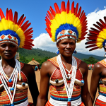 **Prompt 1: Rwandan Cultural Resilience and Heritage Revival**
    "A vibrant and powerful depiction of Rwandan cultural resurgence. Dynamic Intore warriors, adorned in traditional feathered headdresses and elaborate attire, perform their courageous dance, radiating pride and strength. In the background, skilled Rwandan women meticulously weave intricate Agaseke baskets, showcasing the rich traditional craftsmanship. The scene is set under a bright, hopeful sky, symbolizing a nation rebuilt from past hardship through the enduring power of its culture. Emphasize vivid colors, intricate details, and a sense of triumphant spirit and community."