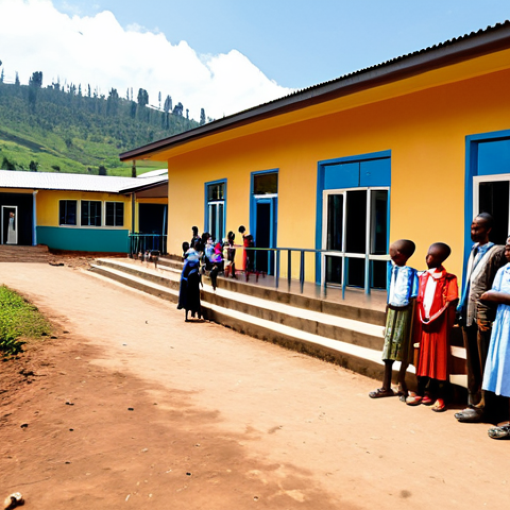 A group of diverse Rwandan children and community members, fully clothed in modest, appropriate attire, are happily gathered outside a newly built, modern school building in a vibrant rural Rwandan village. The architecture of the school is simple yet sturdy, blending into the natural, lush landscape. Children are playing near the entrance, while adults are conversing, showing a sense of community and hope. The scene is bathed in warm, natural sunlight. Perfect anatomy, correct proportions, natural pose, well-formed hands, proper finger count. Professional photography, high resolution, safe for work, appropriate content, fully clothed, family-friendly.