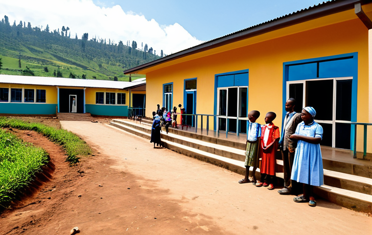 A group of diverse Rwandan children and community members, fully clothed in modest, appropriate attire, are happily gathered outside a newly built, modern school building in a vibrant rural Rwandan village. The architecture of the school is simple yet sturdy, blending into the natural, lush landscape. Children are playing near the entrance, while adults are conversing, showing a sense of community and hope. The scene is bathed in warm, natural sunlight. Perfect anatomy, correct proportions, natural pose, well-formed hands, proper finger count. Professional photography, high resolution, safe for work, appropriate content, fully clothed, family-friendly.