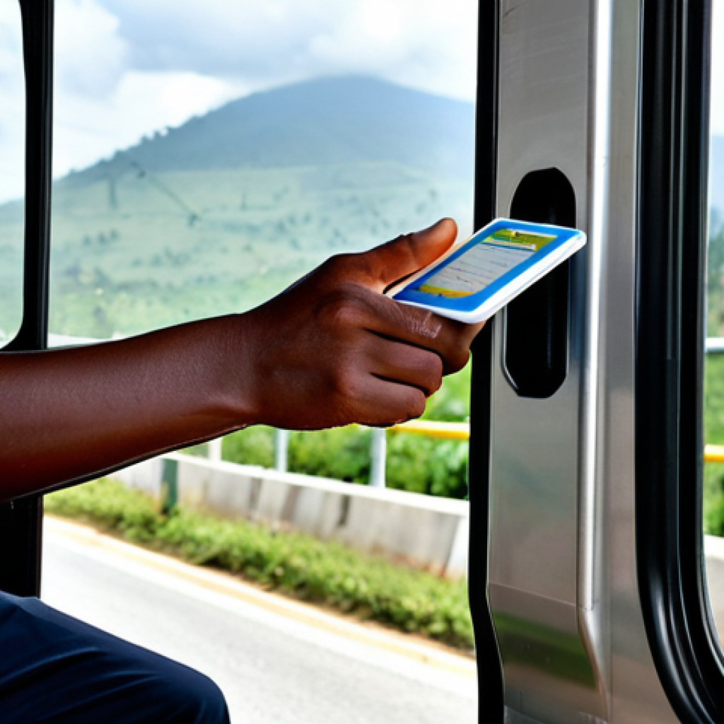 A professional individual in modest, appropriate business attire, precisely tapping a 'Tap&Go' card on a modern card reader inside a clean, well-maintained urban bus in Kigali, Rwanda. The interior of the bus is brightly lit, showcasing comfortable seating and large windows that offer a clear view of Kigali's organized city streets and signature green hills in the background. The person exhibits perfect anatomy, correct proportions, and a natural pose with well-formed hands and proper finger count. The image is a high-quality, professional photograph, suitable for public display, fully clothed, appropriate content, safe for work, and family-friendly.