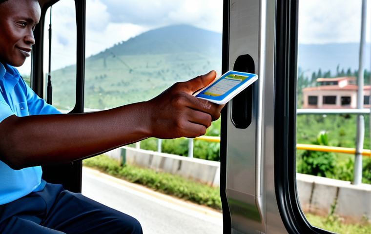 A professional individual in modest, appropriate business attire, precisely tapping a 'Tap&Go' card on a modern card reader inside a clean, well-maintained urban bus in Kigali, Rwanda. The interior of the bus is brightly lit, showcasing comfortable seating and large windows that offer a clear view of Kigali's organized city streets and signature green hills in the background. The person exhibits perfect anatomy, correct proportions, and a natural pose with well-formed hands and proper finger count. The image is a high-quality, professional photograph, suitable for public display, fully clothed, appropriate content, safe for work, and family-friendly.