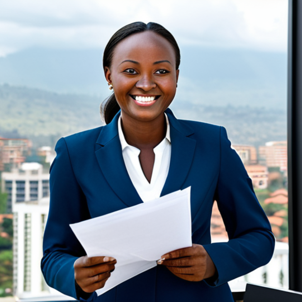 **
A professional businesswoman in Kigali, Rwanda, wearing a tailored, modest business suit in a modern office setting with a view of the city. She is smiling confidently while reviewing documents. Appropriate attire, fully clothed, safe for work, perfect anatomy, natural proportions, high-quality photography.
**
