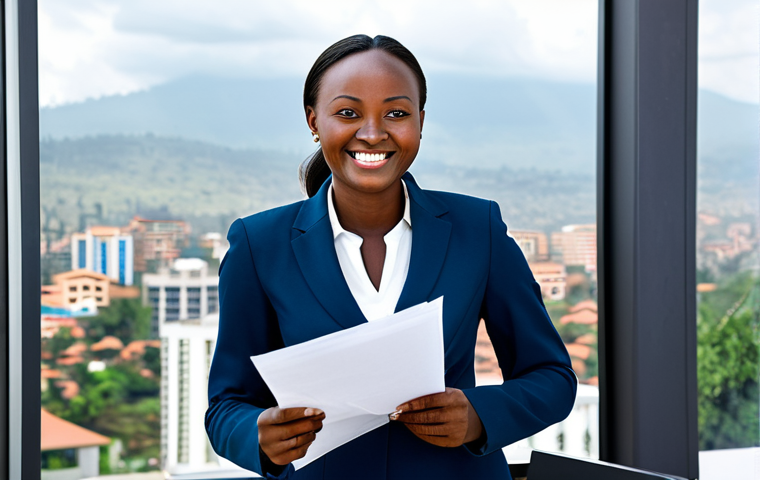 **
A professional businesswoman in Kigali, Rwanda, wearing a tailored, modest business suit in a modern office setting with a view of the city. She is smiling confidently while reviewing documents. Appropriate attire, fully clothed, safe for work, perfect anatomy, natural proportions, high-quality photography.
**