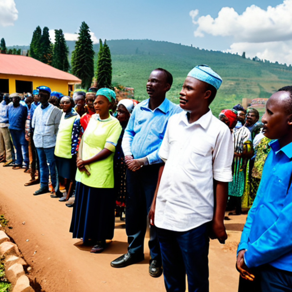 **
A community meeting in Kigali, Rwanda. People are listening to a government official discussing new road safety initiatives. The attendees are dressed in professional, modest clothing. The scene is outdoors, during the day, with a bright and optimistic atmosphere. Focus on the positive engagement of the community. Safe for work, appropriate content, fully clothed, professional, family-friendly, perfect anatomy, correct proportions, natural pose.
**