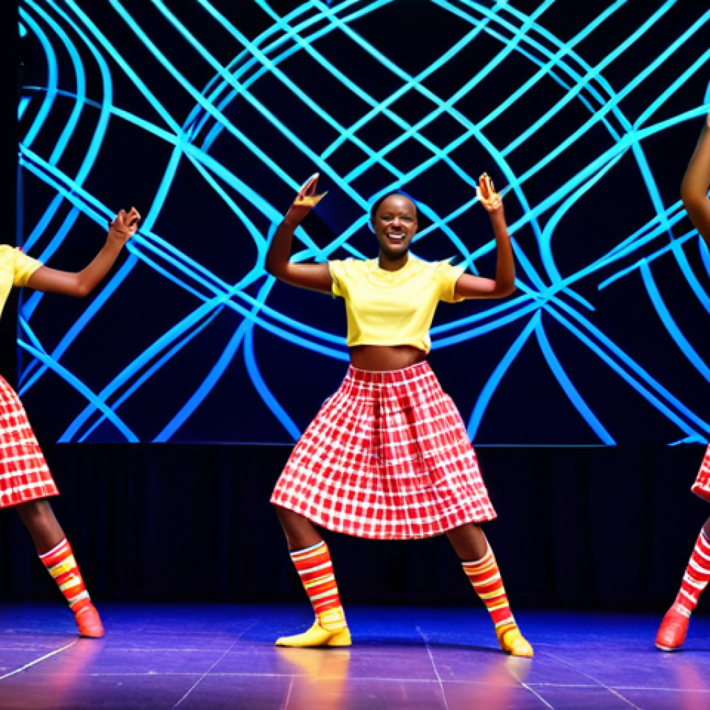 Modern Rwandan Dance Performance**
"A vibrant stage performance of Rwandan folk dance, featuring dancers in modernized traditional attire with bold colors and patterns, fully clothed, appropriate attire, safe for work. The backdrop includes dynamic LED lighting and projected patterns, creating a multi-dimensional space. The dancers exhibit perfect anatomy and natural proportions, executing energetic movements. The overall scene is a professional photograph, highlighting the fusion of traditional rhythms and electronic sounds, creating a family-friendly and celebratory atmosphere. High quality."
**