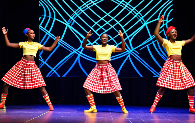 Modern Rwandan Dance Performance**
"A vibrant stage performance of Rwandan folk dance, featuring dancers in modernized traditional attire with bold colors and patterns, fully clothed, appropriate attire, safe for work. The backdrop includes dynamic LED lighting and projected patterns, creating a multi-dimensional space. The dancers exhibit perfect anatomy and natural proportions, executing energetic movements. The overall scene is a professional photograph, highlighting the fusion of traditional rhythms and electronic sounds, creating a family-friendly and celebratory atmosphere. High quality."
**