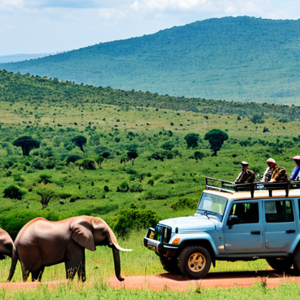 **
"A scenic vista of Akagera National Park, Rwanda, featuring elephants and giraffes grazing on the savanna, seen from a safari jeep. In the background, rolling hills and a clear blue sky. The jeep is occupied by tourists taking pictures. Safe for work, appropriate content, fully clothed, professional photography, natural proportions, perfect anatomy, family-friendly."
**