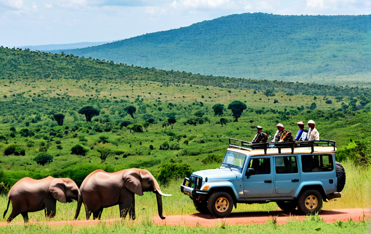 **
"A scenic vista of Akagera National Park, Rwanda, featuring elephants and giraffes grazing on the savanna, seen from a safari jeep. In the background, rolling hills and a clear blue sky. The jeep is occupied by tourists taking pictures. Safe for work, appropriate content, fully clothed, professional photography, natural proportions, perfect anatomy, family-friendly."
**