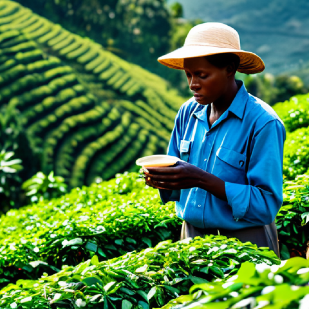 르완다의 주요 직업군 - "A Rwandan coffee farmer, fully clothed in appropriate work attire, inspecting coffee beans on a sun...