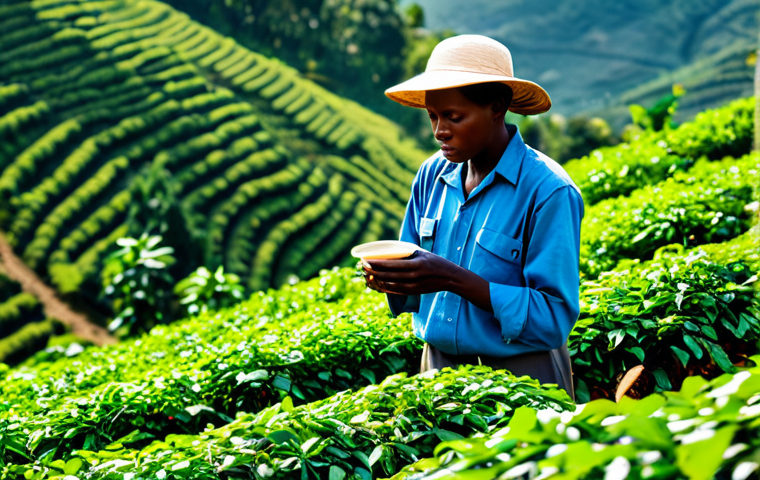 르완다의 주요 직업군 - "A Rwandan coffee farmer, fully clothed in appropriate work attire, inspecting coffee beans on a sun...