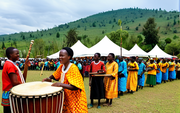 르완다 민속 음악 페스티벌 - Traditional Rwandan Music Performance**

"A vibrant scene at a Rwandan folk music festival, featurin...
