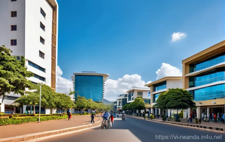 르완다의 도시별 특성 - **Kigali: Clean and Modern Urban Harmony**
A wide-angle, vibrant cityscape of Kigali, Rwanda, sh...