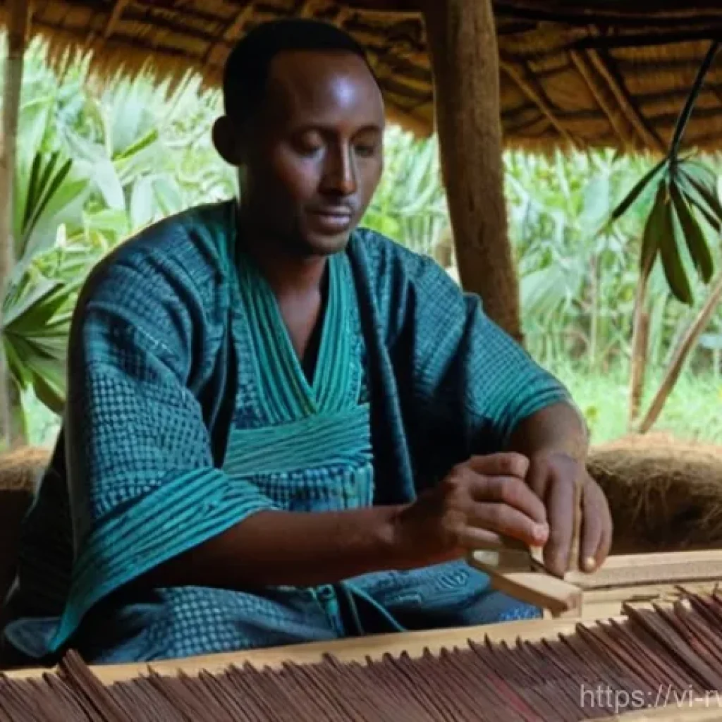 르완다 민속 문화 연구소 - **Prompt:** A serene and focused Rwandan artisan, male, mid-thirties, wearing a modest, earth-toned ...
