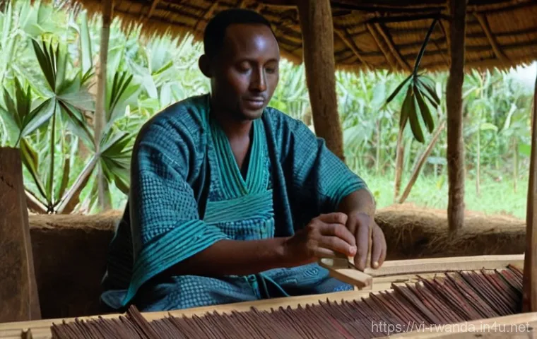 르완다 민속 문화 연구소 - **Prompt:** A serene and focused Rwandan artisan, male, mid-thirties, wearing a modest, earth-toned ...