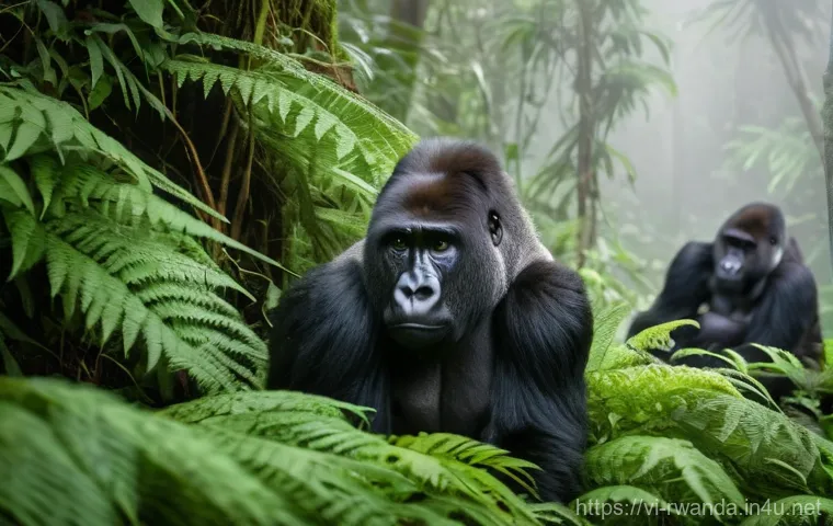 르완다의 주요 야생 동물 보호소 - **Prompt: Majestic Mountain Gorillas in Misty Rainforest**
"A serene and majestic scene of a fam...