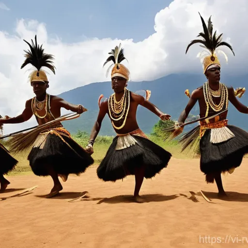 르완다 민속 춤의 문화적 중요성 - **Dynamic Intore Warrior Dance**: A group of powerful male Rwandan Intore dancers performing the "Da...