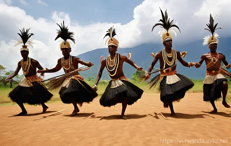 르완다 민속 춤의 문화적 중요성 - **Dynamic Intore Warrior Dance**: A group of powerful male Rwandan Intore dancers performing the "Da...