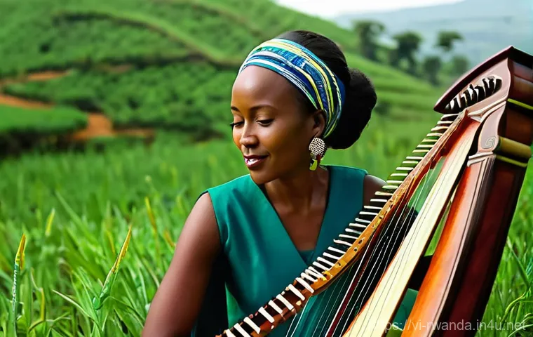 르완다 민속 음악의 종류 - Image Prompt 1: The Soulful Inanga Player Amidst Green Hills** 르완다 민속 음악의 종류 - Image Prompt 1: The Soulful Inanga Player Amidst Green Hills**