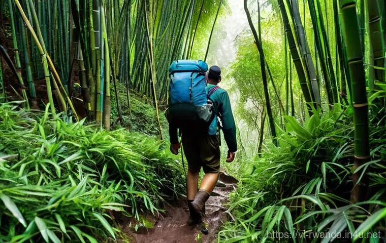 르완다의 고릴라 보호구역 소개 - **"Mountain Gorilla Trekking Journey"**
A small group of diverse adult trekkers, fully clothed i...