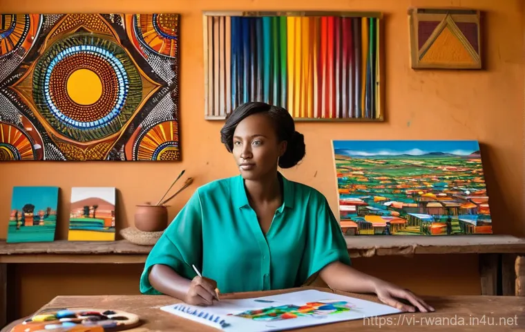 르완다 예술가와 작품 - **Prompt 1: Rwandan Contemporary Artist in Studio**
A vibrant, sunlit art studio in Kigali. A yo...