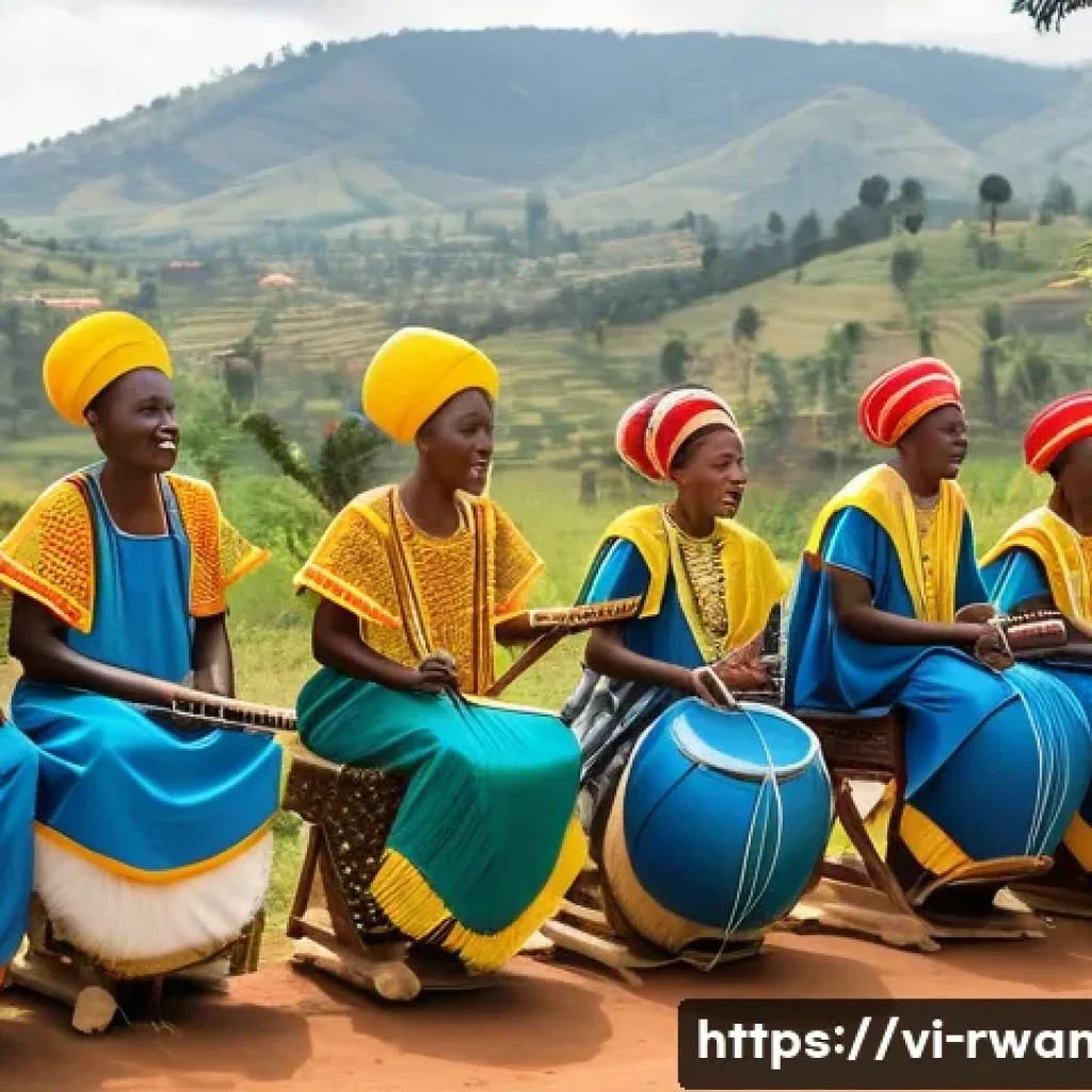 르완다 민속 음악 공연 후원 프로그램 - **Vibrant Rwandan Traditional Music Performance:** A group of five Rwandan musicians, including men ...
