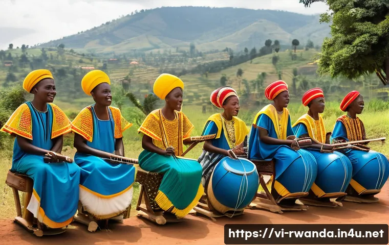 르완다 민속 음악 공연 후원 프로그램 - **Vibrant Rwandan Traditional Music Performance:** A group of five Rwandan musicians, including men ...