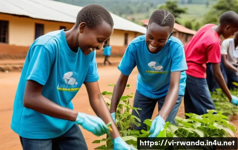 르완다의 주요 문화 정책 - **Prompt 1: Umuganda Community Spirit**
A vibrant, wide-angle shot depicting a cheerful communit...