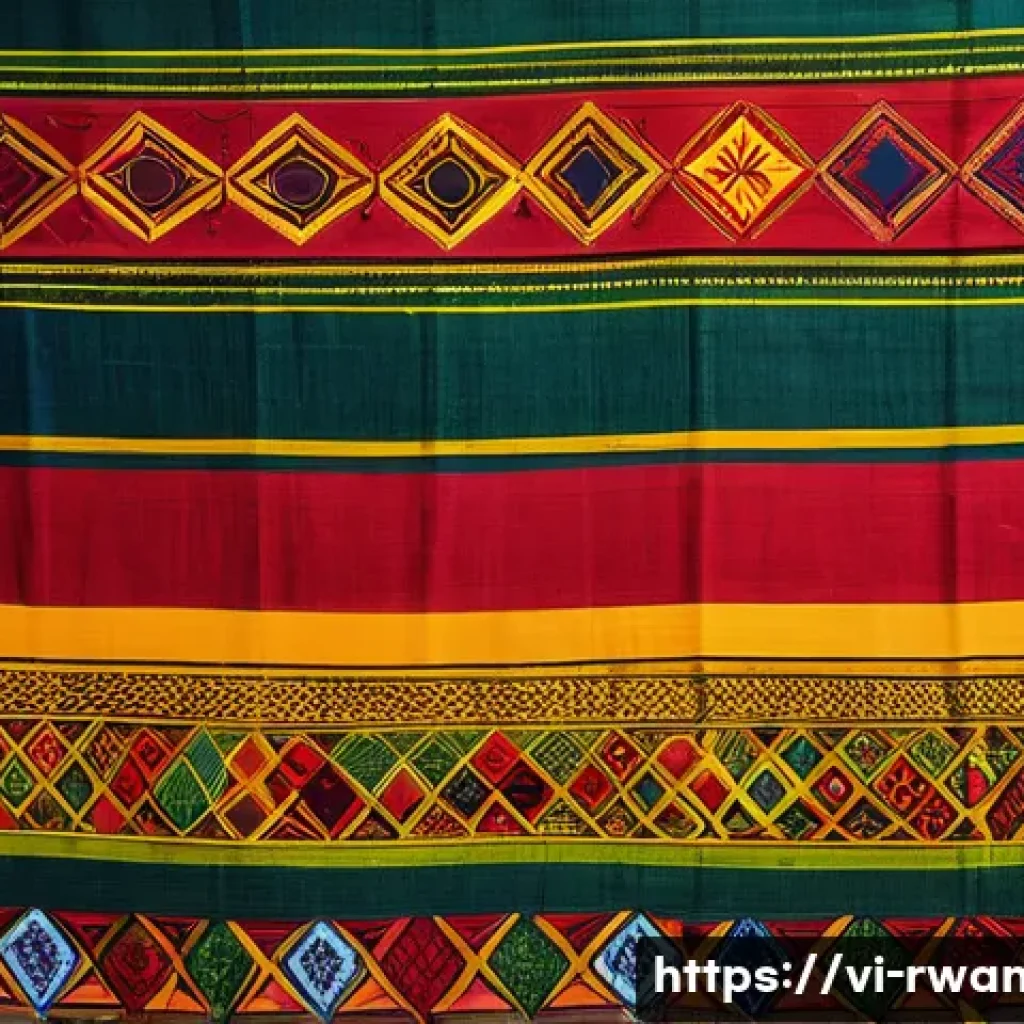 르완다 전통 직물의 색상과 패턴 - A vibrant traditional Rwandan fabric spread out on a wooden table, featuring bold red, yellow, and g...