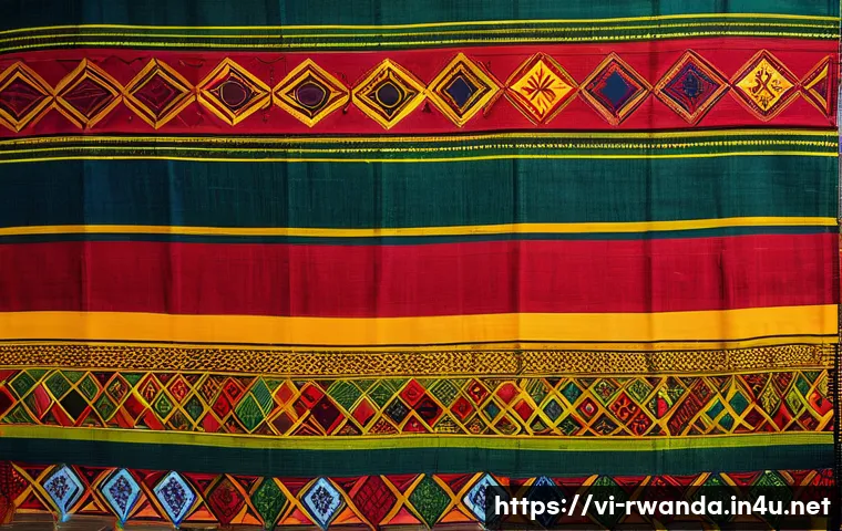 르완다 전통 직물의 색상과 패턴 - A vibrant traditional Rwandan fabric spread out on a wooden table, featuring bold red, yellow, and g...
