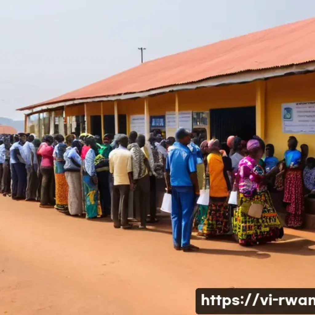 르완다 국경 횡단 경험 - A bustling Rwanda-Uganda border crossing at Gatuna during daytime, featuring a diverse crowd of trav...