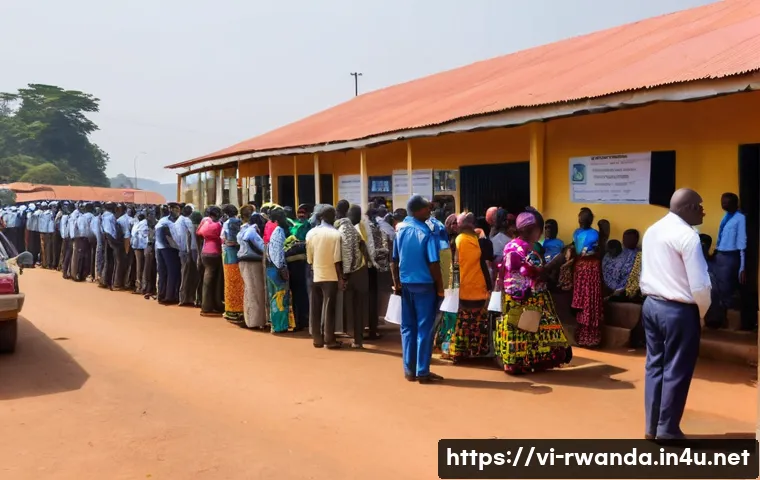 르완다 국경 횡단 경험 - A bustling Rwanda-Uganda border crossing at Gatuna during daytime, featuring a diverse crowd of trav...