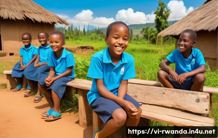 르완다에서의 교육 봉사 프로그램 - A vibrant outdoor classroom scene in a rural Rwandan village during summer, featuring a diverse grou...