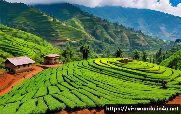 르완다와 에티오피아 비교 - A panoramic view of Rwanda’s lush green rolling hills under a bright blue sky, with small traditiona...