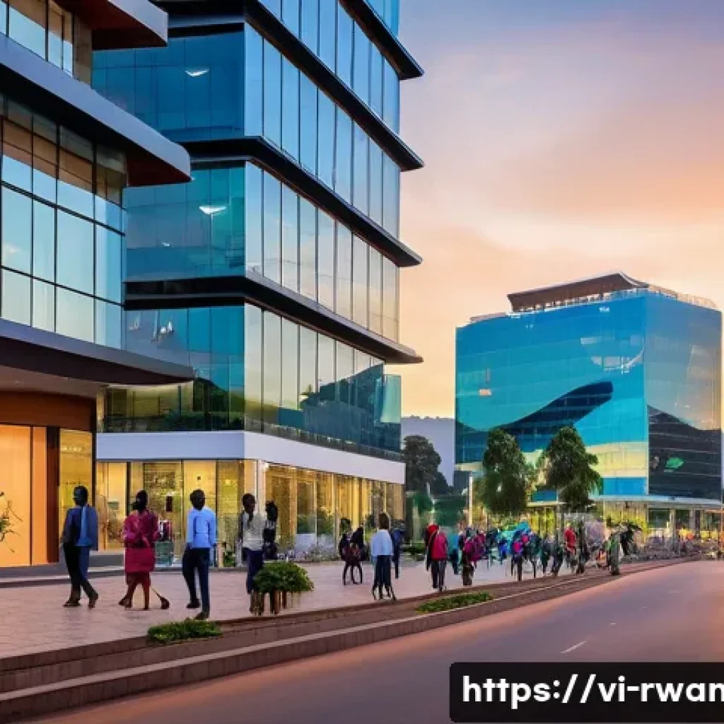 르완다의 비즈니스 허브 - A modern business district in Kigali at sunset, showcasing sleek office buildings with glass facades...