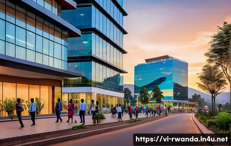 르완다의 비즈니스 허브 - A modern business district in Kigali at sunset, showcasing sleek office buildings with glass facades...