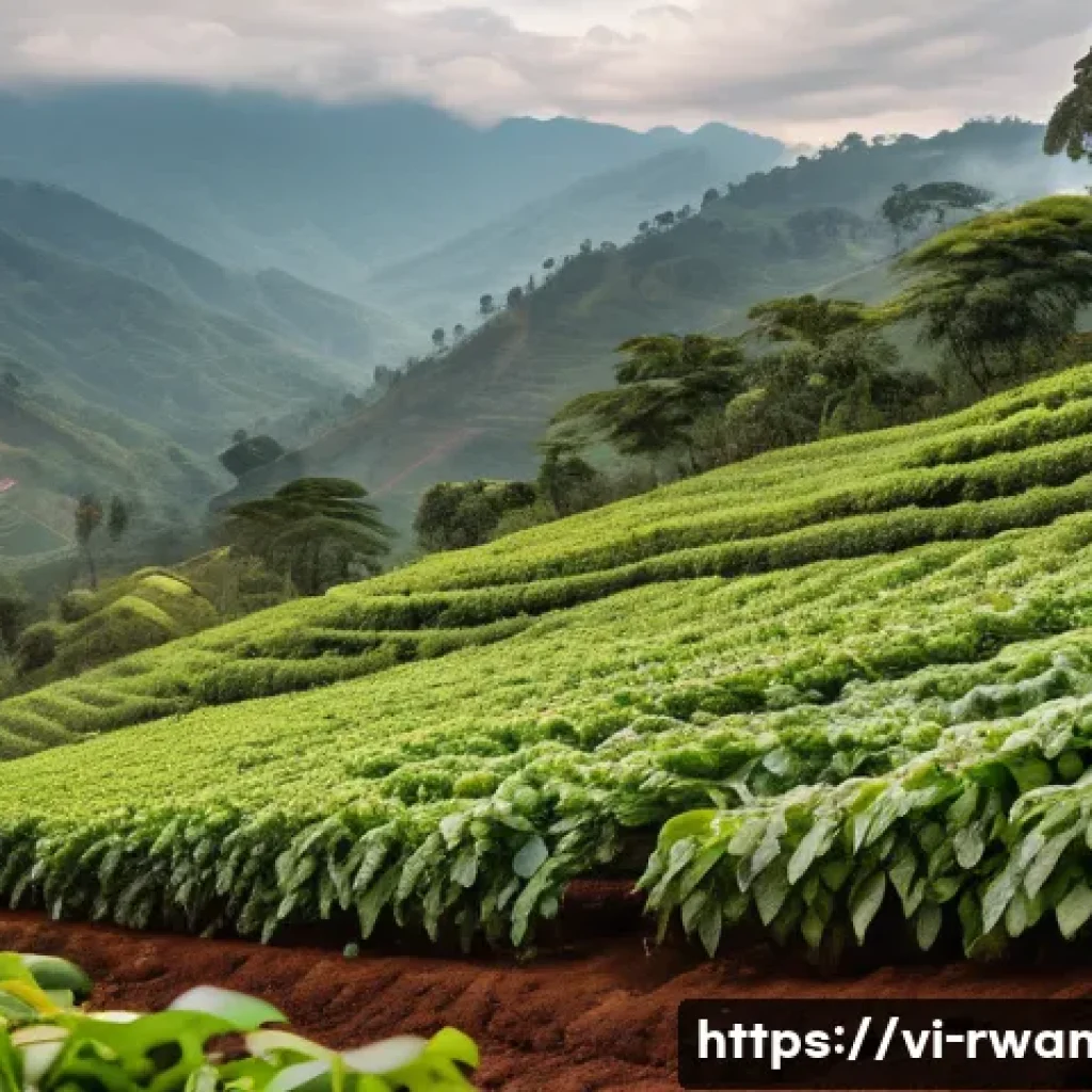 르완다 수출 주요 품목 - A vibrant Rwandan coffee farm scene at sunrise, showcasing lush red volcanic soil and green coffee p...