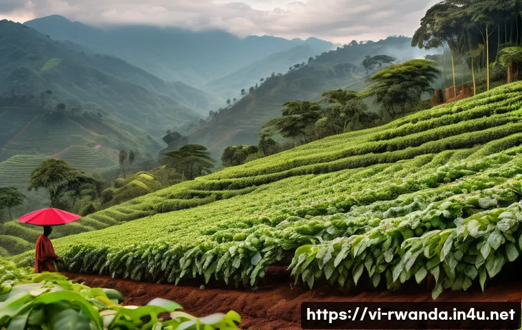 르완다 수출 주요 품목 - A vibrant Rwandan coffee farm scene at sunrise, showcasing lush red volcanic soil and green coffee p...