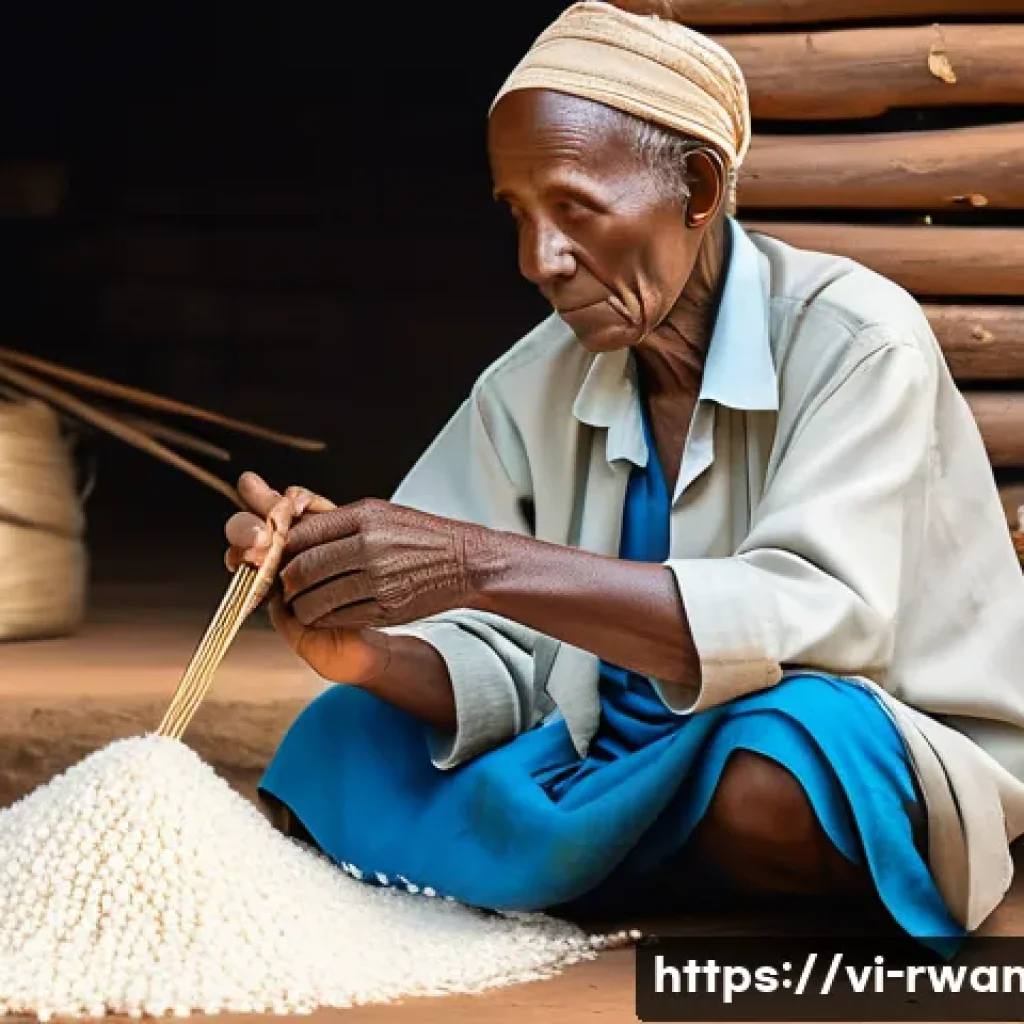 르완다 전통 직물 제작 과정 소개 - A skilled elderly Rwandan artisan carefully hand-spinning natural cotton fibers into fine threads, s...