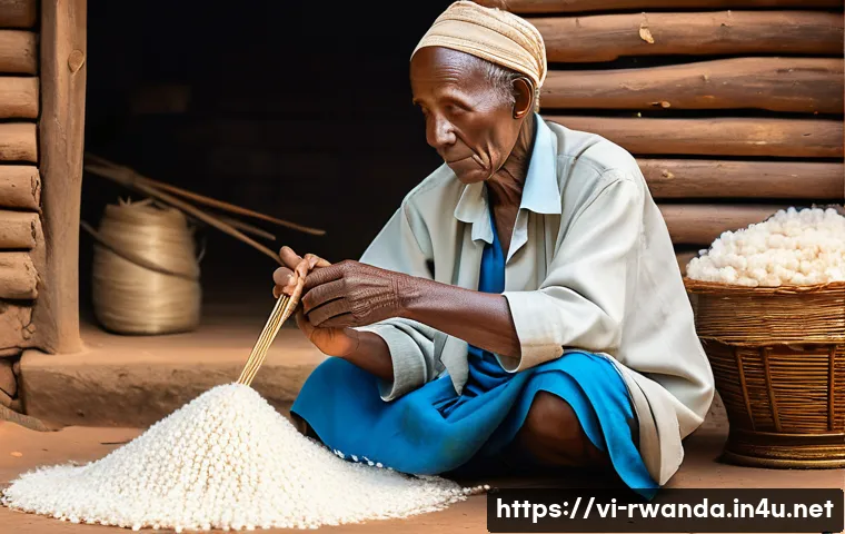 르완다 전통 직물 제작 과정 소개 - A skilled elderly Rwandan artisan carefully hand-spinning natural cotton fibers into fine threads, s...
