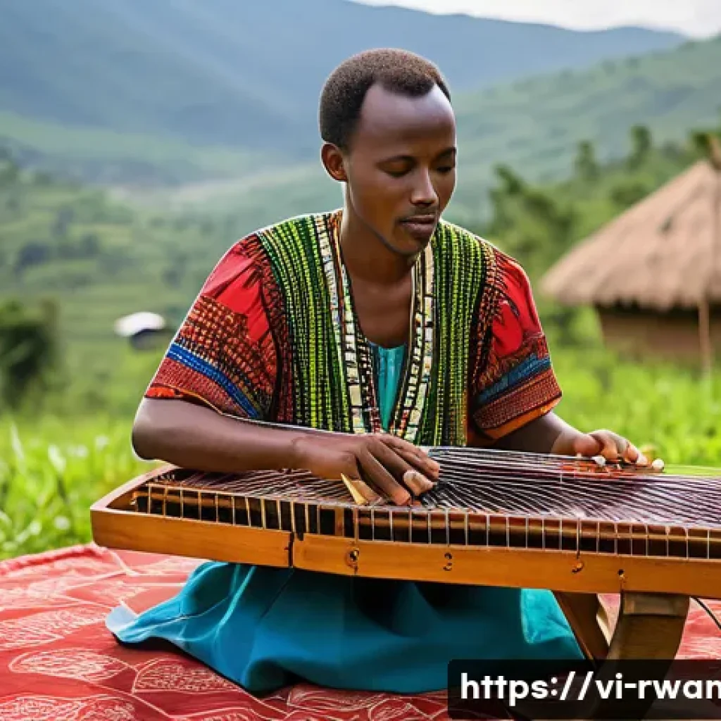 르완다 민속 음악의 주요 곡과 연주자 - A traditional Rwandan musician playing the inanga, a wooden trough zither with multiple strings stre...
