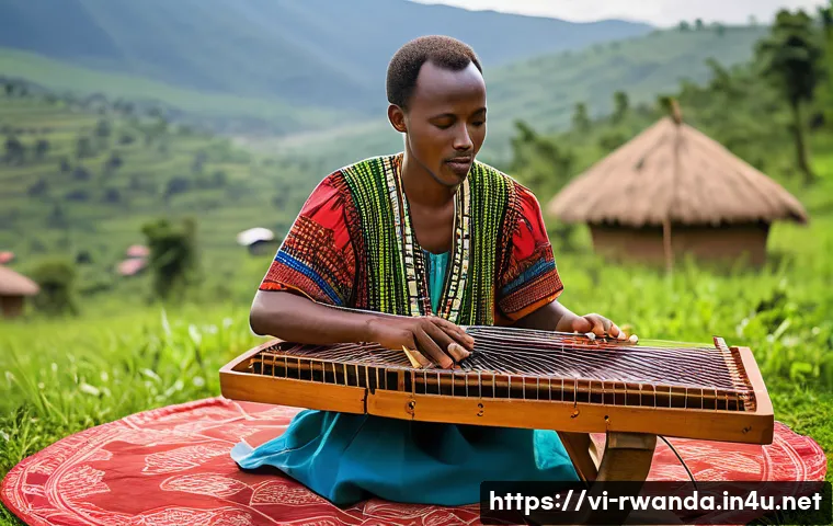 르완다 민속 음악의 주요 곡과 연주자 - A traditional Rwandan musician playing the inanga, a wooden trough zither with multiple strings stre...