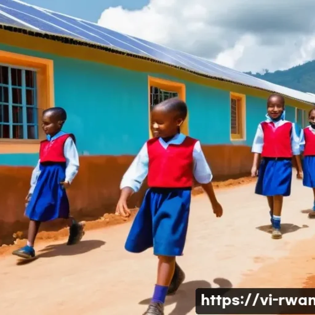 르완다의 교육 접근성 - A vibrant rural school scene in Rwanda showing children wearing clean, colorful uniforms walking alo...