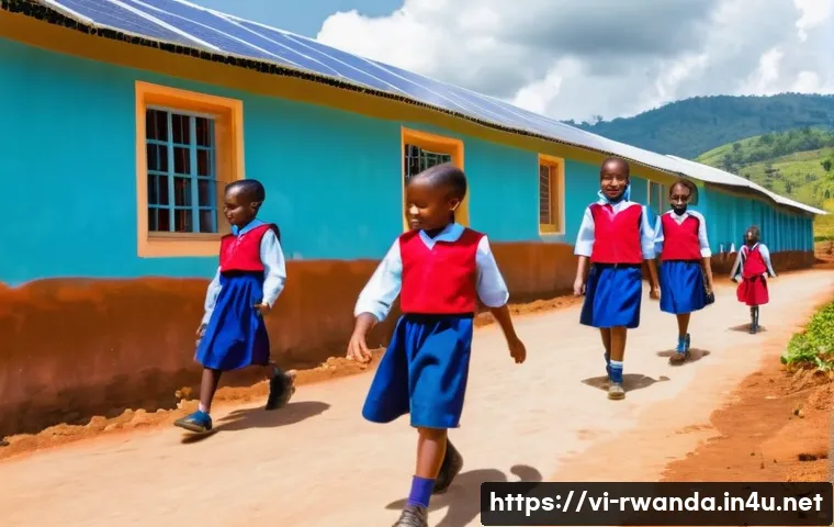 르완다의 교육 접근성 - A vibrant rural school scene in Rwanda showing children wearing clean, colorful uniforms walking alo...