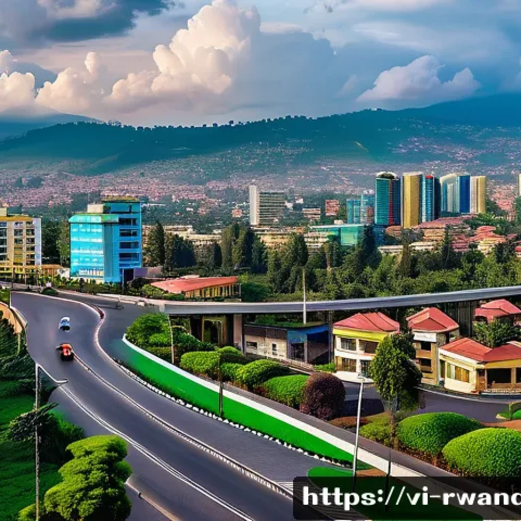 르완다의 인터넷 환경 - A vibrant urban scene in Kigali featuring modern 5G network infrastructure with sleek fiber optic ca...